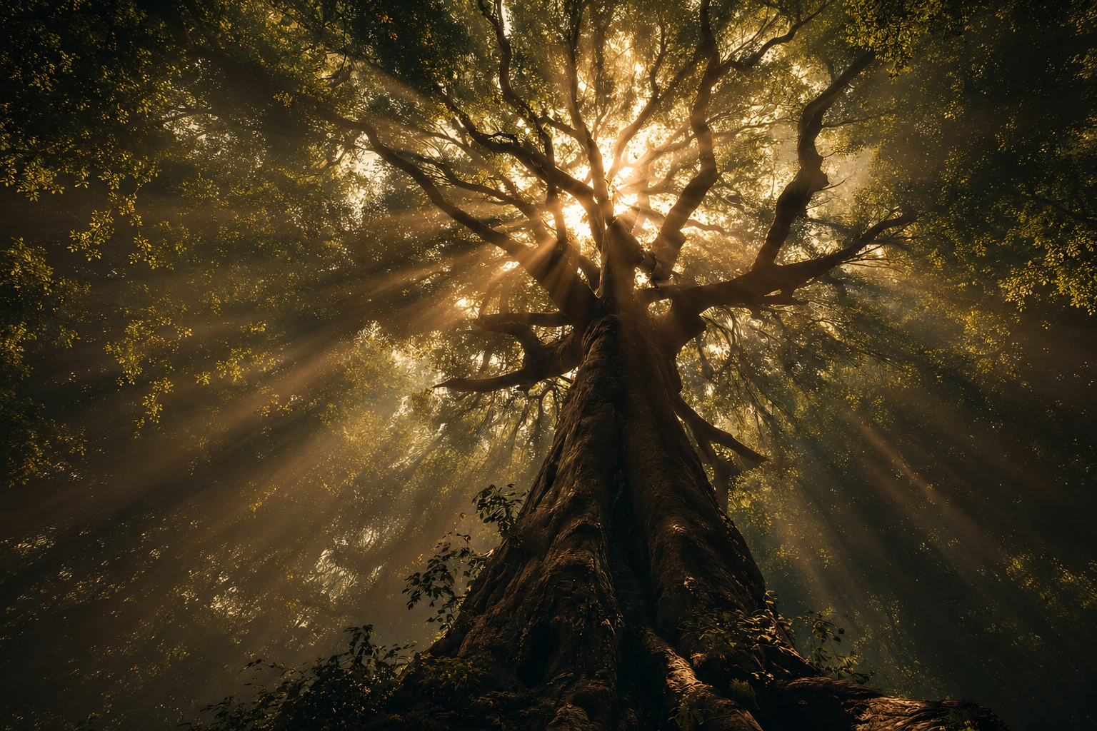 Árvore ancestral iluminada por raios dourados em meio à floresta
