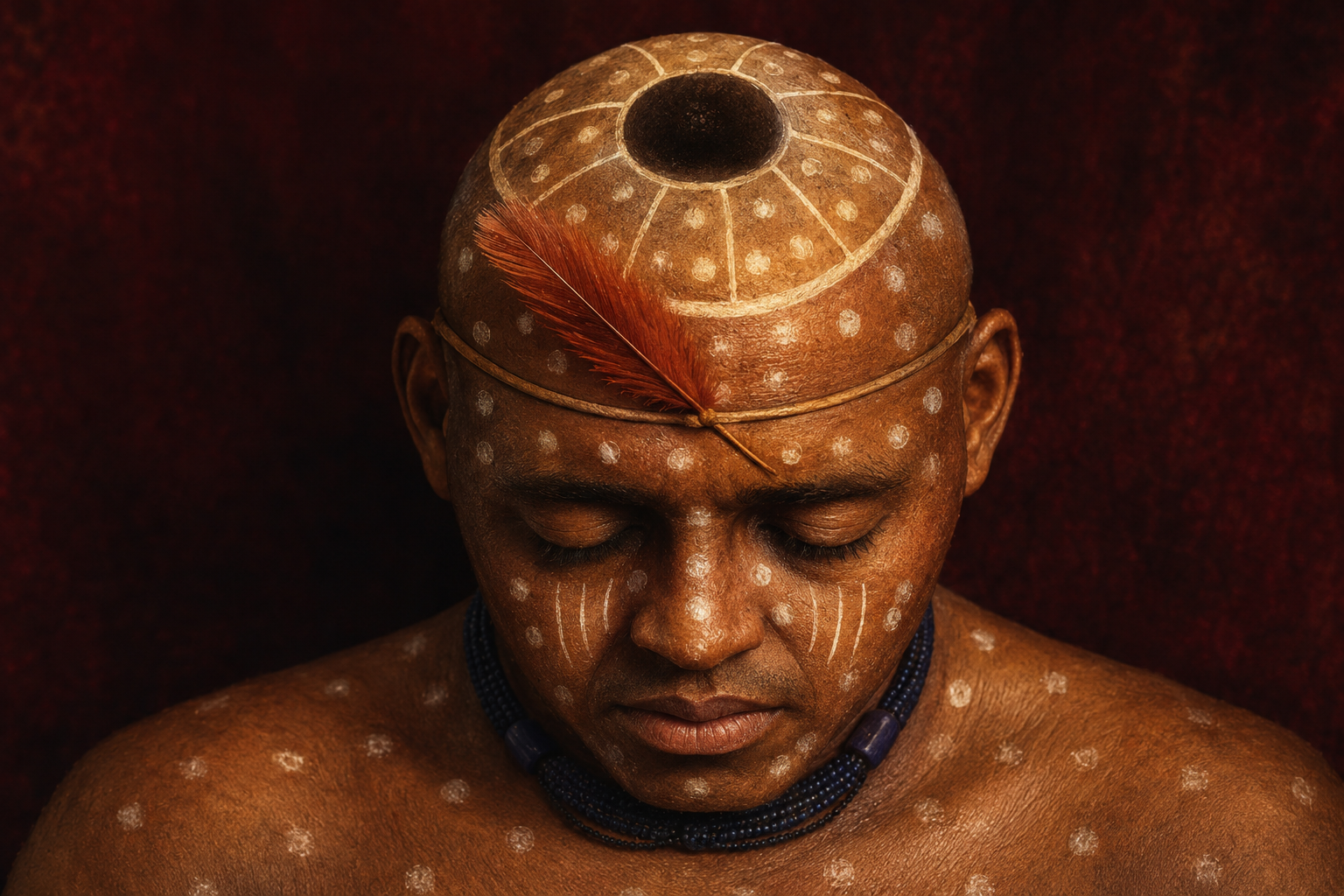 Representação fotográfica de Ori com pinturas sagradas e olhos fechados